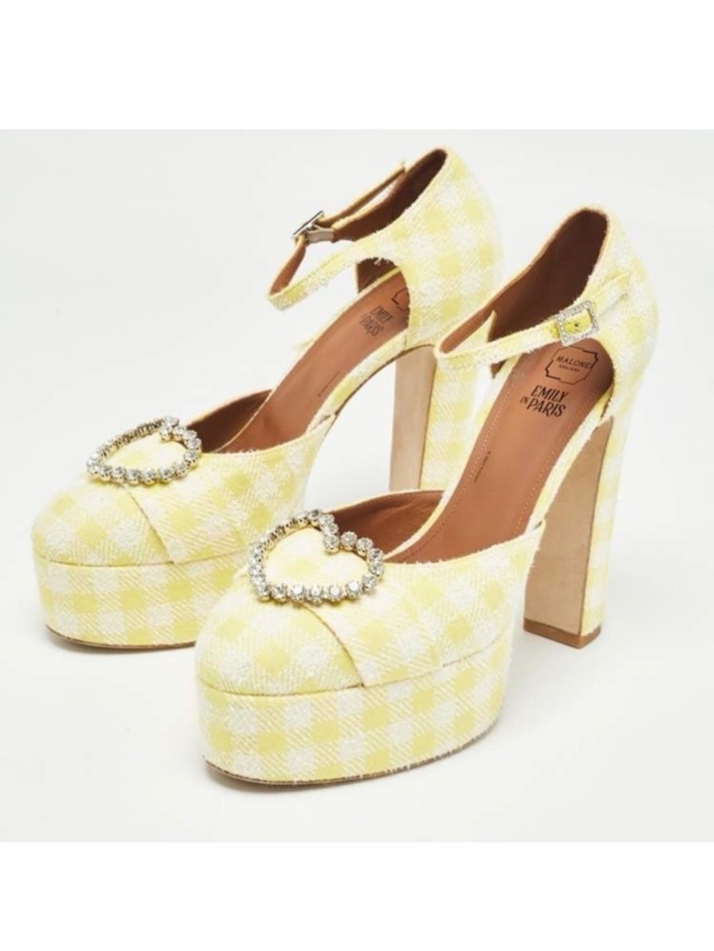 Malone Souliers White Yellow Heels Gingham Plaid Platform 11 Spring NIB 🟡